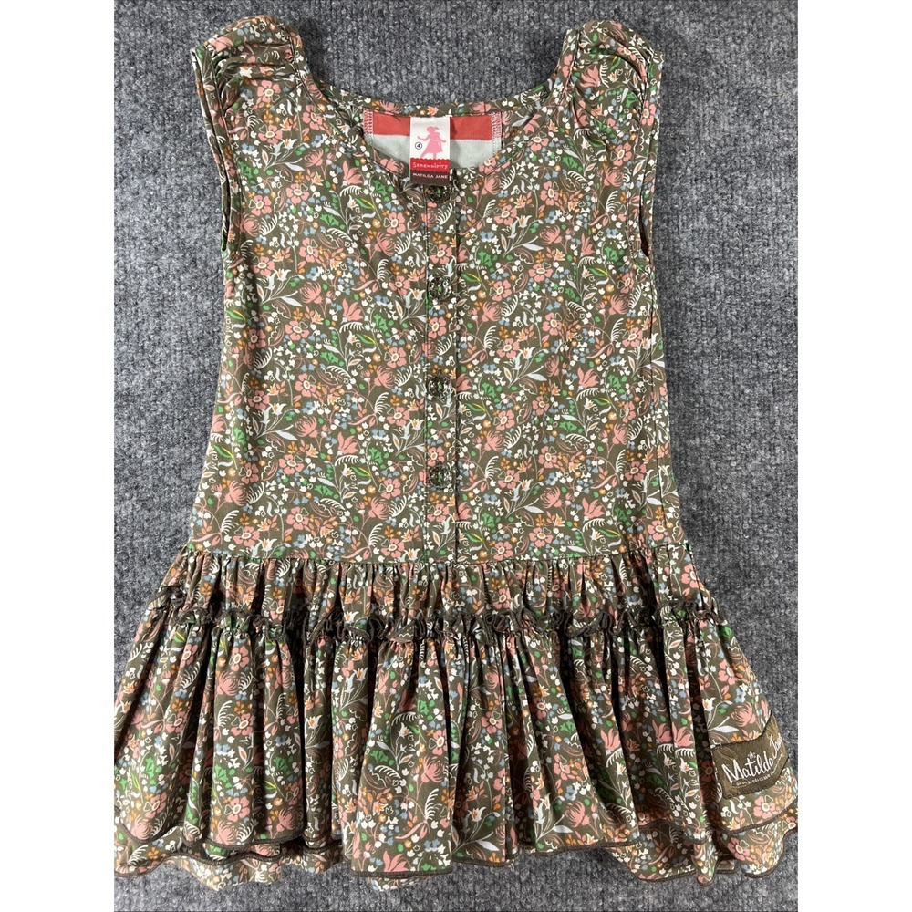 Matilda Jane Serendipity "Confetti Dress" Girls Size 4 Brown Floral Ruffle